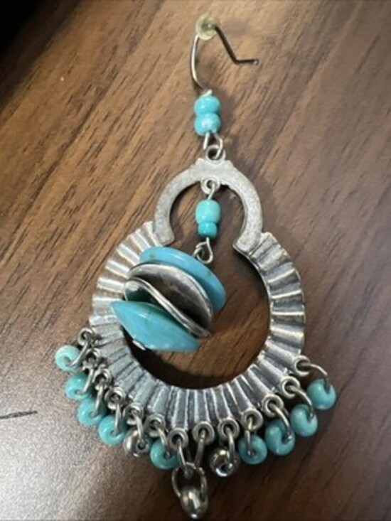 Behemian Style Silver Toned Hoop And Dangle Turquoise And Beads Earrings - Picture 3 of 5